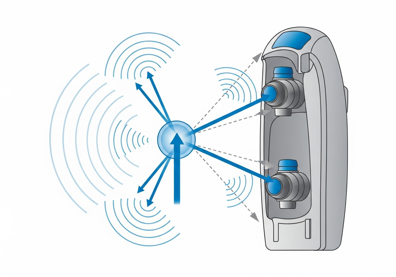 Beamforming microphone diagram showing how multiple microphone signals are combined to create a focused beam toward the target speaker