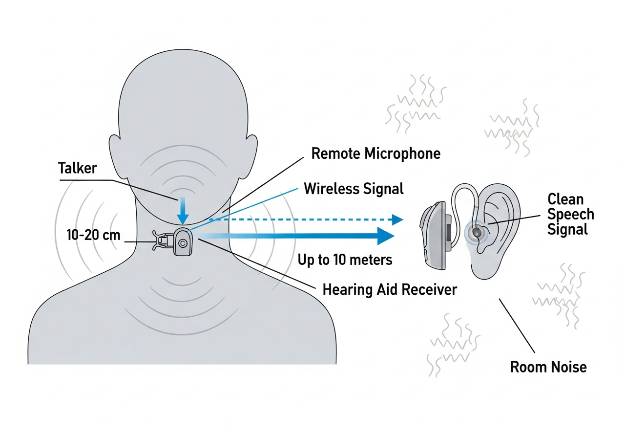 Diagram showing the signal path of a remote microphone: speech captured near the talker, transmitted wirelessly, and received by the hearing aid — bypassing room noise and reverberation