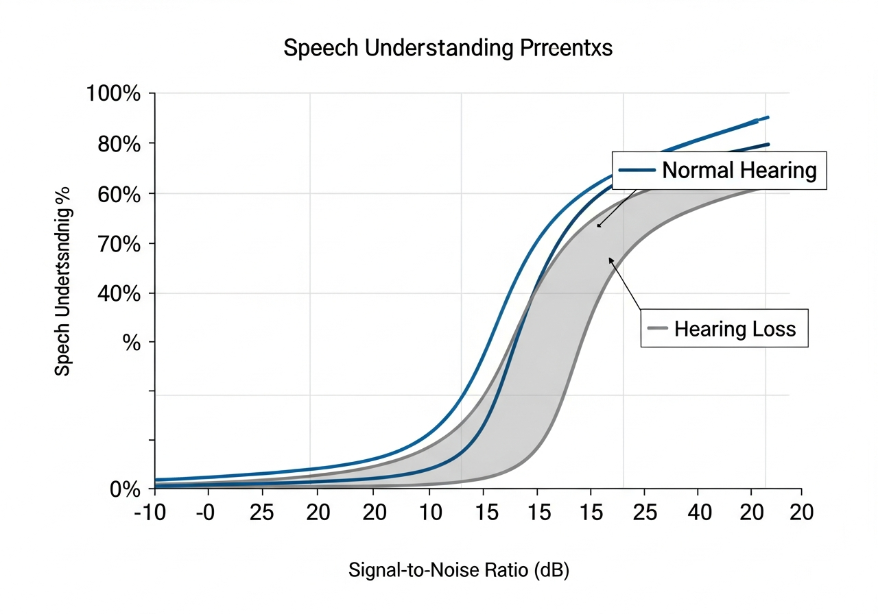 Chart showing speech understanding percentage vs signal-to-noise ratio (SNR) in decibels, demonstrating how small SNR improvements lead to large gains in speech intelligibility for hearing aid users